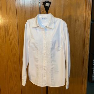 Women’s Lands End Button Down Dress Shirt, Tuxedo Pleats on Front, White Sz 16